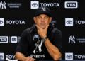 Manager Aaron Boone talks to media before the Yankees' double-header against the Red Sox, New York, August 29, 2026.