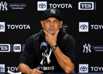 Manager Aaron Boone talks to media before the Yankees' double-header against the Red Sox, New York, August 29, 2026.