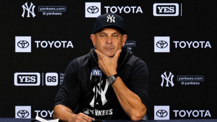 Manager Aaron Boone talks to media before the Yankees' double-header against the Red Sox, New York, August 29, 2026.