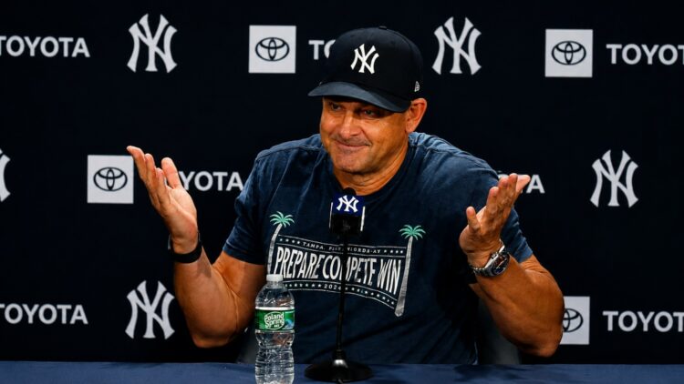 Aaron Boone replies like a shrug emoji to a question on the bullpen load prior to the Yankees' 9-2 win over the Red Sox, New York, August 29, 2026.