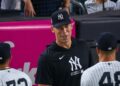 Captain Aaron Judge welcomes his teammates after the Yankees' 3-1 win over the Orioles, , New York, August 21, 2026.