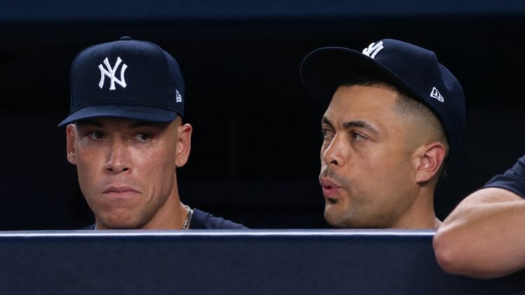Aaron Judge and Giancarlo Stanton are in the dugout during the Yankees' 5-1 loss to the Astros, New York, August 27, 2026.