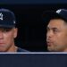 Aaron Judge and Giancarlo Stanton are in the dugout during the Yankees' 5-1 loss to the Astros, New York, August 27, 2026.