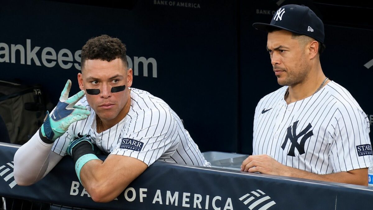 Yankees captain Aaron Judge and Giancarlo Stanton in April 2026, New York.
