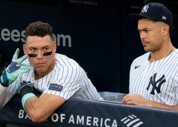 Yankees captain Aaron Judge and Giancarlo Stanton in April 2026, New York.