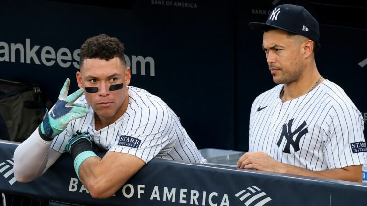 Yankees captain Aaron Judge and Giancarlo Stanton in April 2026, New York.