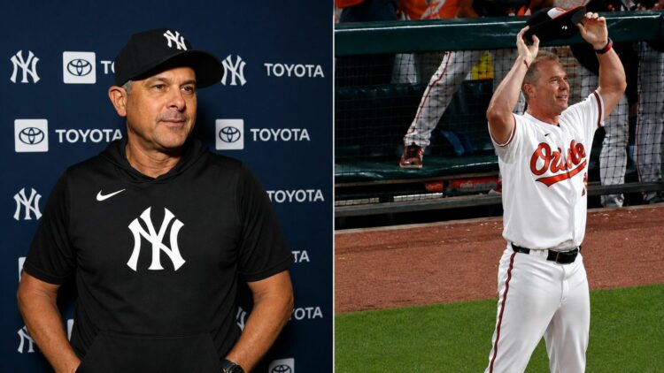 Manager Aaron Boone reacts to Pete Alonso's disputed homer call after the Yankees' 5-3 win over the Orioles, Baltimore, August 19, 2026.