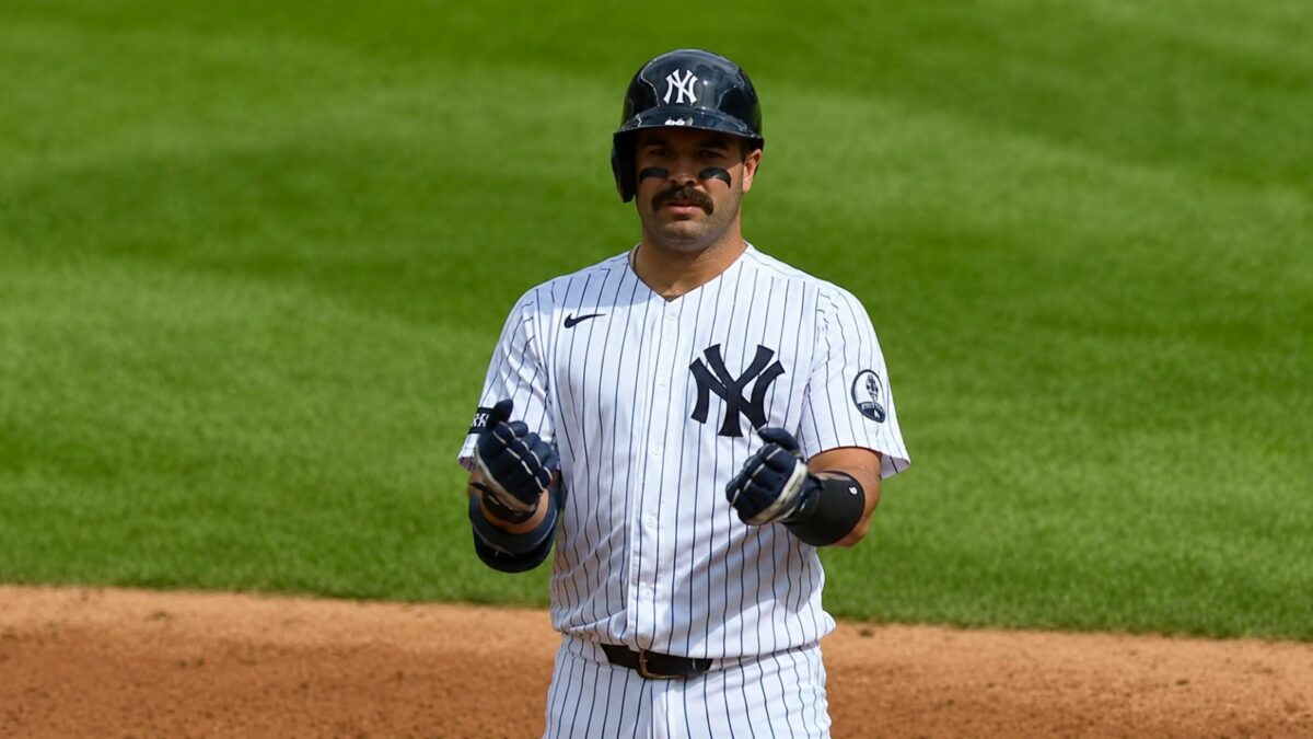 Austin Wells celebrates after a double in the Yankees' 8-3 win over the Blue Jays, New York, August 23, 2026.