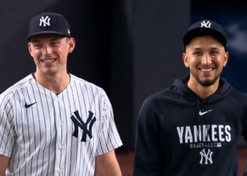 Ben Rice and Elmer Rodriguez are together after the Yankees' 9-3 win over the Astros, New York, August 27, 2026.