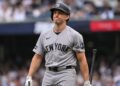 Ben Rice returns to dugout after strikeout in the Yankees' 4-1 loss to the Blue Jays, Toronto, August 15, 2026.