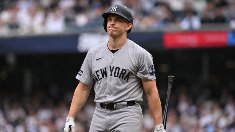 Ben Rice returns to dugout after strikeout in the Yankees' 4-1 loss to the Blue Jays, Toronto, August 15, 2026.