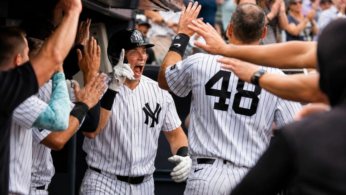 Ben Rice celebrates after his home run in the Yankees' 5-4 win over the Braves, New York, August 8, 2026.