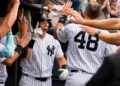 Ben Rice celebrates after his home run in the Yankees' 5-4 win over the Braves, New York, August 8, 2026.