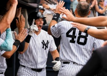 Ben Rice celebrates after his home run in the Yankees' 5-4 win over the Braves, New York, August 8, 2026.