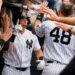 Ben Rice celebrates after his home run in the eight in the Yankees' 5-4 win over the Braves, New York, August 8, 2026.