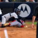 Austin Wells tagged Ceddanne Rafaela at home plate on a Bellinger throw in the Yankees' 1-0 win over the Red Sox, New York, August 28, 2026.