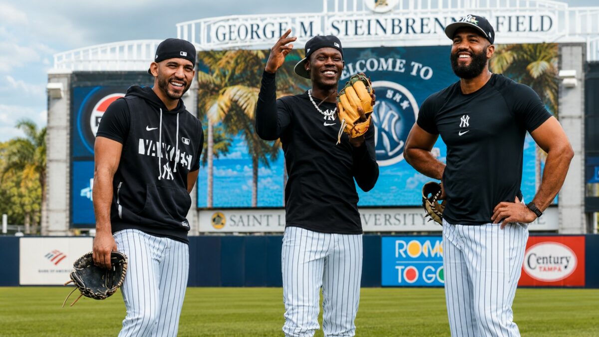 Jose Caballero, Jazz Chisholm Jr., and Amed Rosario at the New York Yankees Spring Training camp in Tampa, Fl. Feb. 14, 2026.