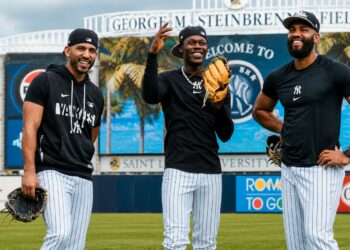 Jose Caballero, Jazz Chisholm Jr., and Amed Rosario at the New York Yankees Spring Training camp in Tampa, Fl. Feb. 14, 2026.