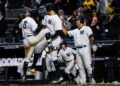Didi Gregorius celebrated with Aaron Judge after his second homer in the Yankees’ 11-4 win over the Tampa Bay Rays, New York, April 3, 2018.