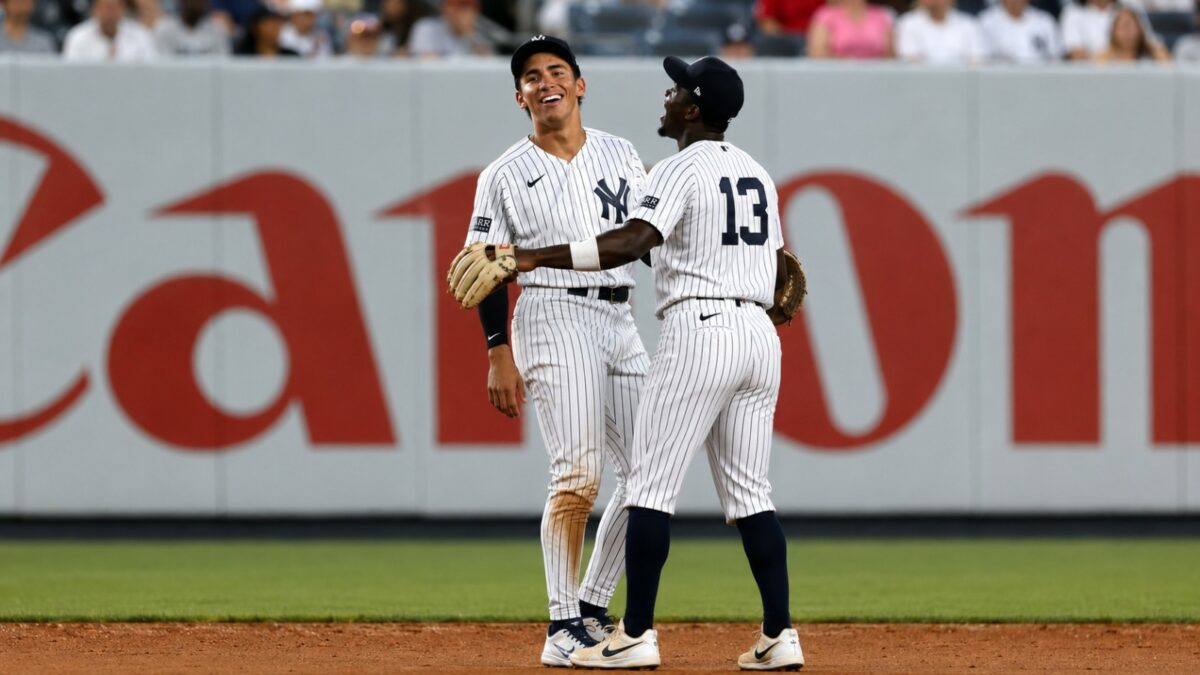 George Lombard Jr. and Jazz Chisholm Jr. are seen together after the Yankees' 10-5 win over the Mariners, New York, August 12, 2026.