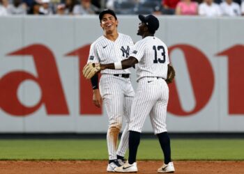 George Lombard Jr. and Jazz Chisholm Jr. are seen together after the Yankees' 10-5 win over the Mariners, New York, August 12, 2026.