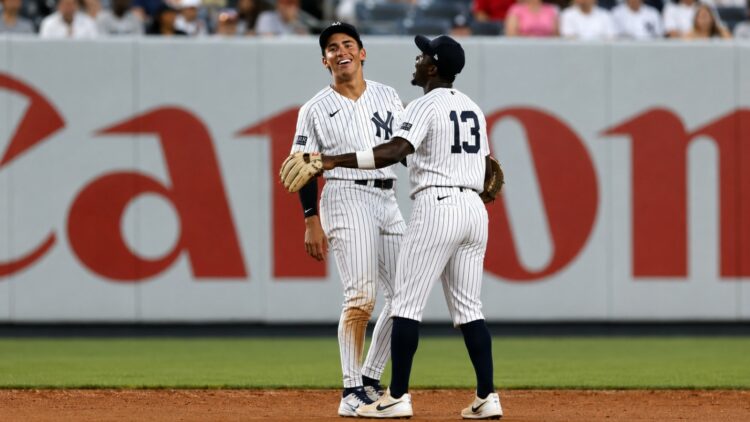 George Lombard Jr. and Jazz Chisholm Jr. are seen together after the Yankees' 10-5 win over the Mariners, New York, August 12, 2026.