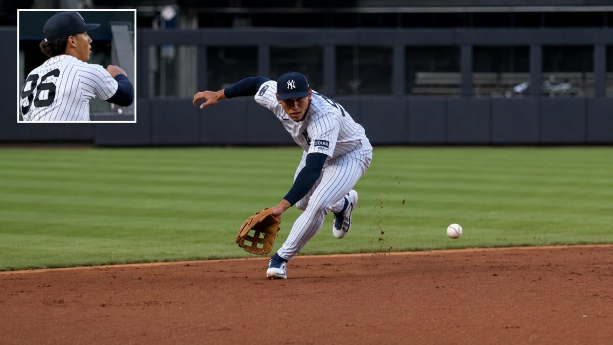 Yankees top rookie George Lombard Jr. (jersey no. 96) made a slick play in his MLB debut in 2-0 win over the Cardinals, New York, August 4, 2026.
