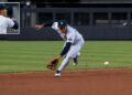 Yankees top rookie George Lombard Jr. (jersey no. 96) made a slick play in his MLB debut in 2-0 win over the Cardinals, New York, August 4, 2026.
