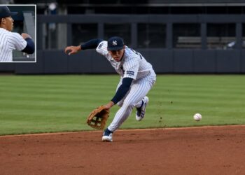 Yankees top rookie George Lombard Jr. (jersey no. 96) made a slick play in his MLB debut in 2-0 win over the Cardinals, New York, August 4, 2026.