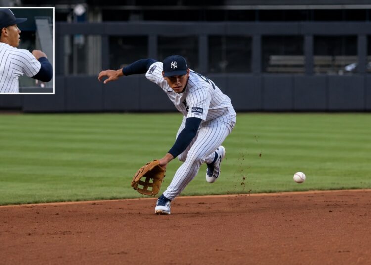 Yankees top rookie George Lombard Jr. (jersey no. 96) made a slick play in his MLB debut in 2-0 win over the Cardinals, New York, August 4, 2026.