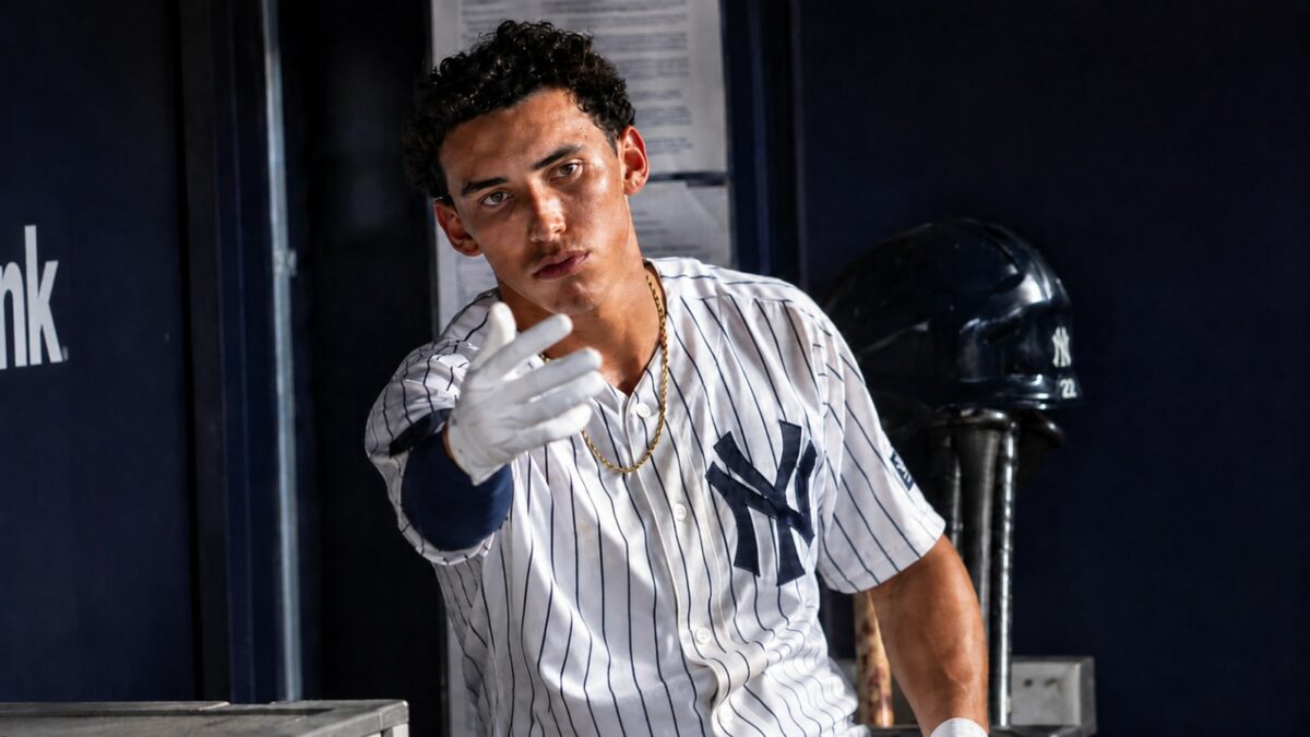 George Lombard Jr. speaks in the dugout after hitting a home run in the Yankees' 5-4 win over the Braves, New York, August 8, 2026.