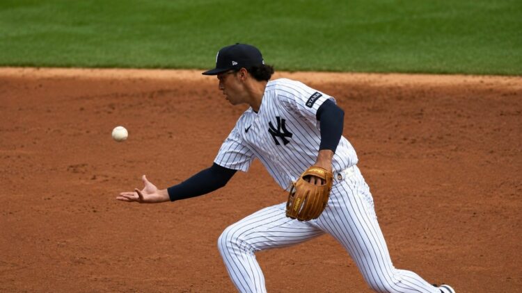 George Lombard Jr. makes a fielding in the Yankees' 8-3 win over the Blue Jays, New York, August 23, 2026.