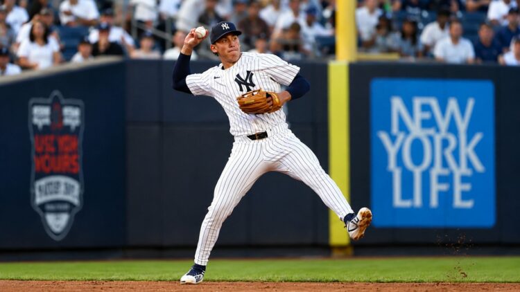 George Lombard Jr. is in action during the Yankees' 10-5 win over the Mariners, New York, August 12, 2026.