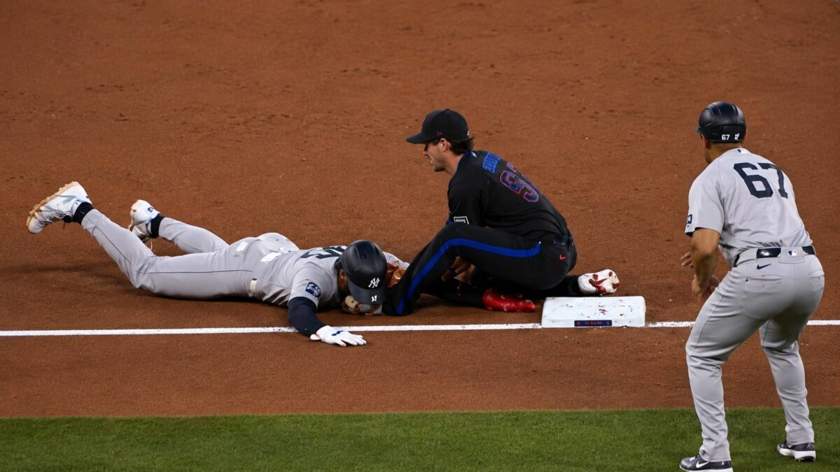 George Lombard Jr. was caught at third base in the Yankees' 3-1 loss to the Blue Jays, Toronto, August 14, 2026.