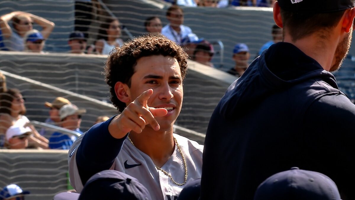 George Lombard Jr. celebrates Ben Rice's extra-inning home run in the Yankees' 4-3 win over the Blue Jays, Toronto, August 16, 2026.