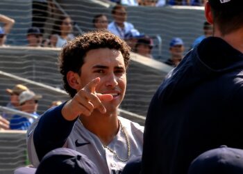 George Lombard Jr. celebrates Ben Rice's extra-inning home run in the Yankees' 4-3 win over the Blue Jays, Toronto, August 16, 2026.