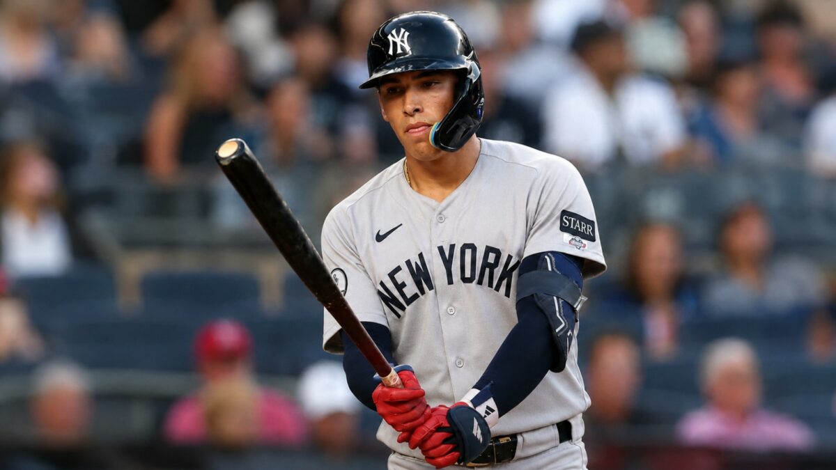 George Lombard Jr. reacts at the plate during the Yankees' 6-1 win over the Orioles, Baltimore, August 20, 2026.