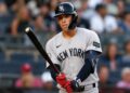 George Lombard Jr. reacts at the plate during the Yankees' 6-1 win over the Orioles, Baltimore, August 20, 2026.