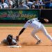 George Lombard Jr. tags Braves' Michael Harris II at 2B the Yankees' 2-1 loss to the Braves, New York, August 9, 2026.