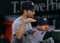 Gerrit Cole is in the dugout during the Yankees' 6-1 win over the Orioles, Baltimore, August 20, 2026.