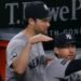 Gerrit Cole is in the dugout during the Yankees' 6-1 win over the Orioles, Baltimore, August 20, 2026.