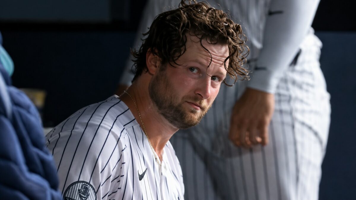 Gerrit Cole sat in the dugout after the Yankees' 5-1 loss to the Astros, New York, August 27, 2026.