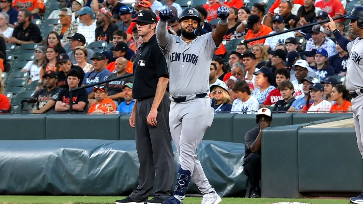 Heliot Ramos celebrates after hitting his first RBI in pinstripes in the Yankees' 6-1 win over the Orioles, Baltimore, August 20, 2026.
