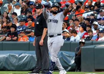 Heliot Ramos celebrates after hitting his first RBI in pinstripes in the Yankees' 6-1 win over the Orioles, Baltimore, August 20, 2026.