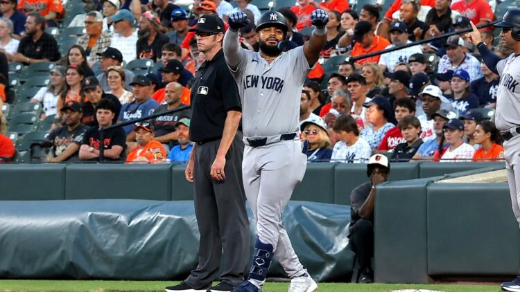 Heliot Ramos celebrates after hitting his first RBI in pinstripes in the Yankees' 6-1 win over the Orioles, Baltimore, August 20, 2026.