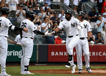 Heliot Ramos hit a three-run homer, his first HR in pinstripes, in the eight in the Yankees' 16-1 win over the Red Sox, New York, August 30, 2026.