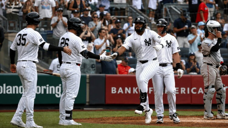 Heliot Ramos hit a three-run homer, his first HR in pinstripes, in the eight in the Yankees' 16-1 win over the Red Sox, New York, August 30, 2026.