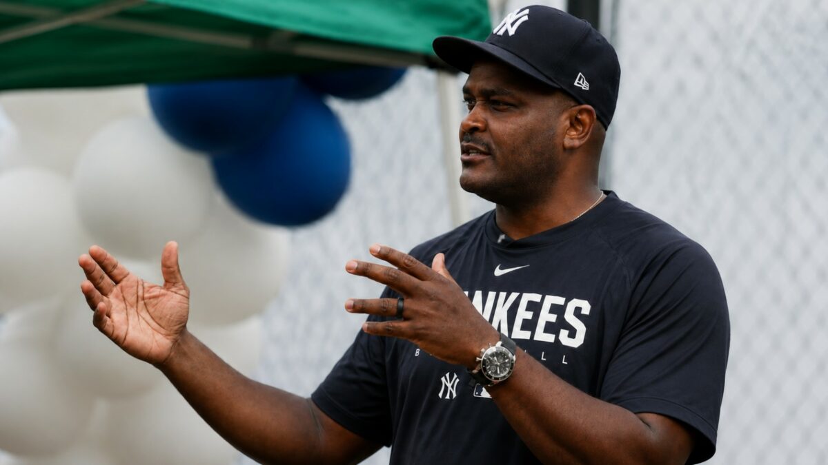 New York Yankees' hitting coach James Rowson is speaking at a team meet in Tampa, 2026.