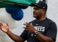 New York Yankees' hitting coach James Rowson is speaking at a team meet in Tampa, 2026.