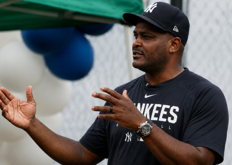 New York Yankees' hitting coach James Rowson is speaking at a team meet in Tampa, 2026.